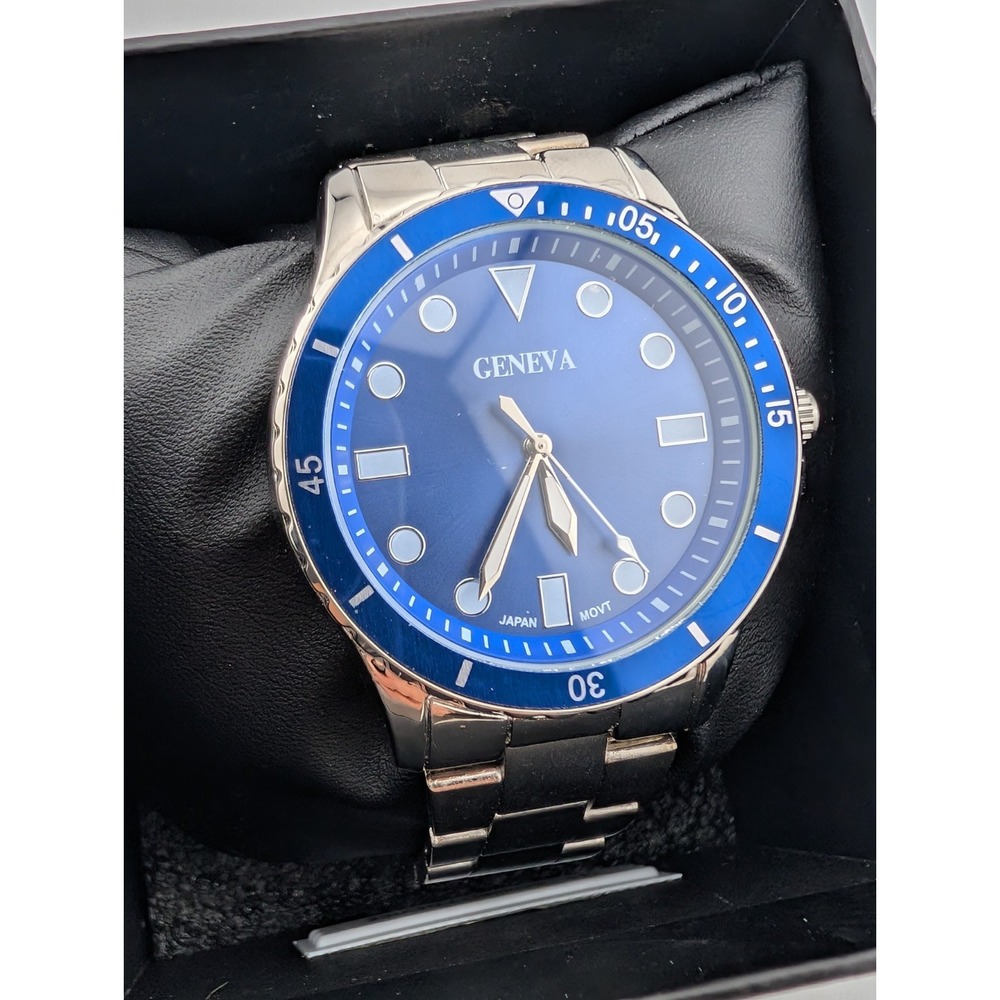 Geneva Watch Men 42mm Case Blue Dial Silver Band w/ Box- New Battery